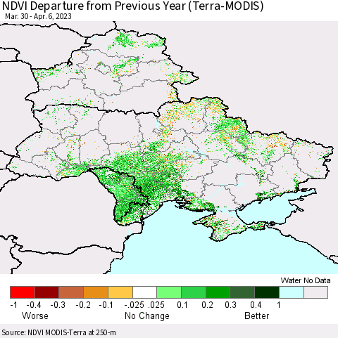 Ukraine, Moldova and Belarus NDVI Departure from Previous Year (Terra-MODIS) Thematic Map For 3/30/2023 - 4/6/2023