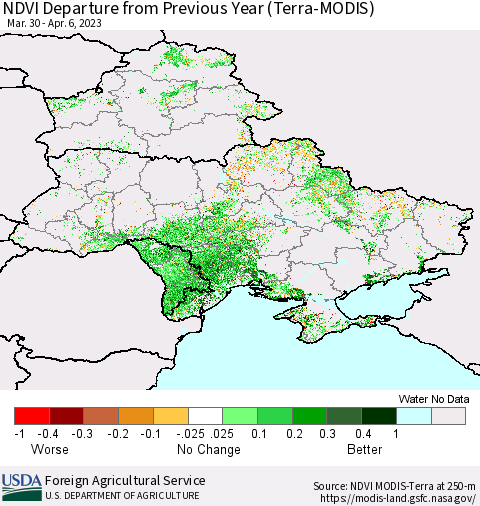 Ukraine, Moldova and Belarus NDVI Departure from Previous Year (Terra-MODIS) Thematic Map For 4/1/2023 - 4/10/2023