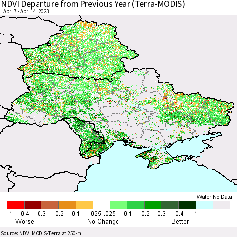 Ukraine, Moldova and Belarus NDVI Departure from Previous Year (Terra-MODIS) Thematic Map For 4/7/2023 - 4/14/2023