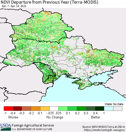 Ukraine, Moldova and Belarus NDVI Departure from Previous Year (Terra-MODIS) Thematic Map For 4/11/2023 - 4/20/2023