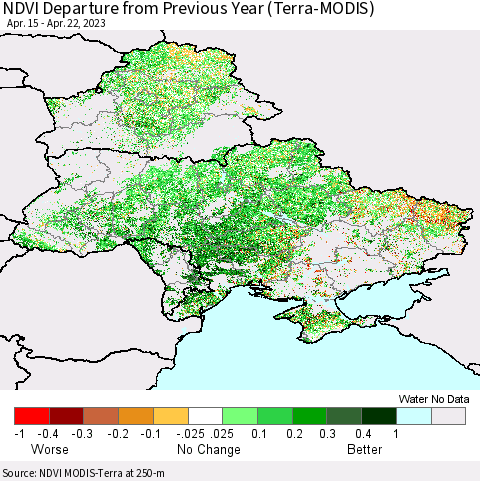 Ukraine, Moldova and Belarus NDVI Departure from Previous Year (Terra-MODIS) Thematic Map For 4/15/2023 - 4/22/2023