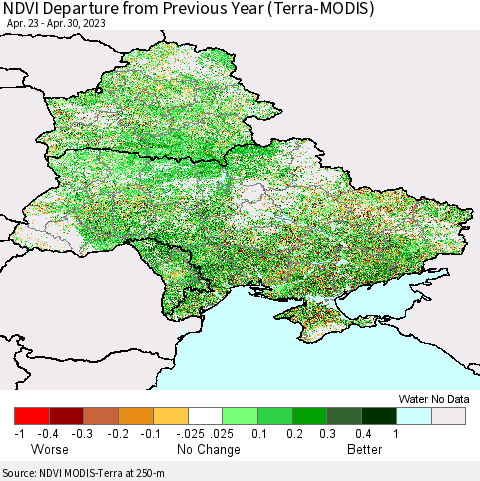 Ukraine, Moldova and Belarus NDVI Departure from Previous Year (Terra-MODIS) Thematic Map For 4/21/2023 - 4/30/2023