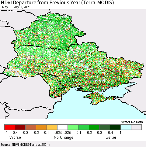 Ukraine, Moldova and Belarus NDVI Departure from Previous Year (Terra-MODIS) Thematic Map For 5/1/2023 - 5/8/2023