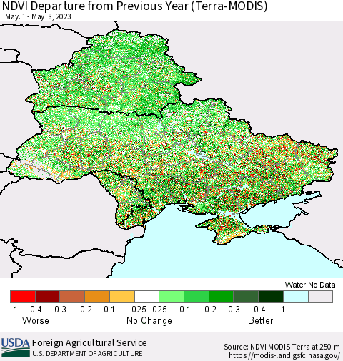 Ukraine, Moldova and Belarus NDVI Departure from Previous Year (Terra-MODIS) Thematic Map For 5/1/2023 - 5/10/2023