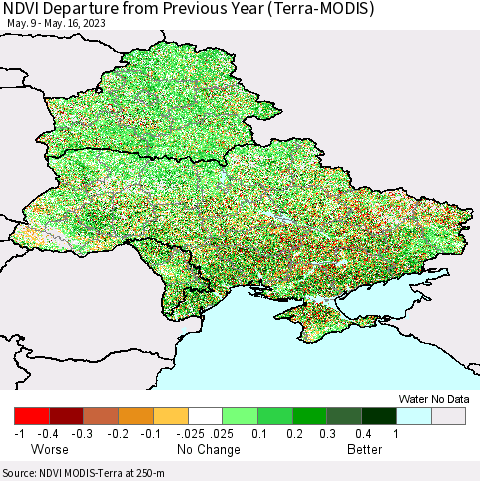 Ukraine, Moldova and Belarus NDVI Departure from Previous Year (Terra-MODIS) Thematic Map For 5/9/2023 - 5/16/2023