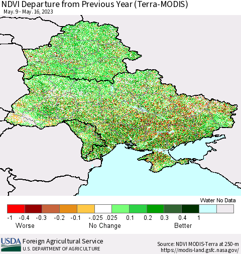 Ukraine, Moldova and Belarus NDVI Departure from Previous Year (Terra-MODIS) Thematic Map For 5/11/2023 - 5/20/2023