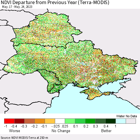 Ukraine, Moldova and Belarus NDVI Departure from Previous Year (Terra-MODIS) Thematic Map For 5/17/2023 - 5/24/2023