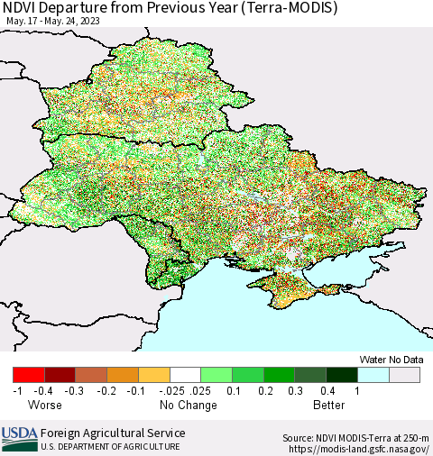 Ukraine, Moldova and Belarus NDVI Departure from Previous Year (Terra-MODIS) Thematic Map For 5/21/2023 - 5/31/2023