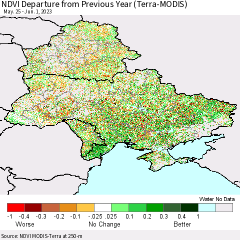 Ukraine, Moldova and Belarus NDVI Departure from Previous Year (Terra-MODIS) Thematic Map For 5/25/2023 - 6/1/2023