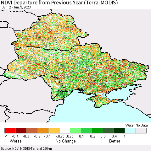 Ukraine, Moldova and Belarus NDVI Departure from Previous Year (Terra-MODIS) Thematic Map For 6/2/2023 - 6/9/2023