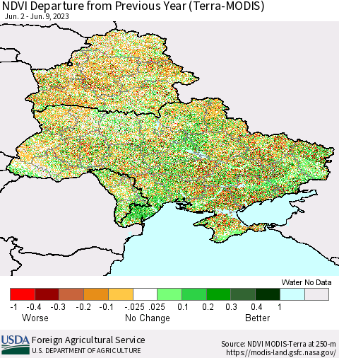 Ukraine, Moldova and Belarus NDVI Departure from Previous Year (Terra-MODIS) Thematic Map For 6/1/2023 - 6/10/2023