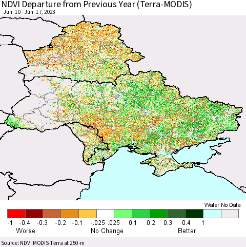 Ukraine, Moldova and Belarus NDVI Departure from Previous Year (Terra-MODIS) Thematic Map For 6/10/2023 - 6/17/2023