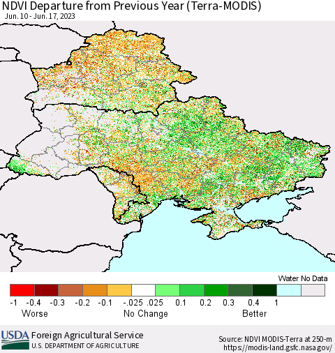 Ukraine, Moldova and Belarus NDVI Departure from Previous Year (Terra-MODIS) Thematic Map For 6/11/2023 - 6/20/2023