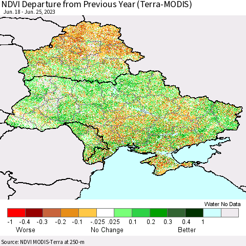 Ukraine, Moldova and Belarus NDVI Departure from Previous Year (Terra-MODIS) Thematic Map For 6/18/2023 - 6/25/2023