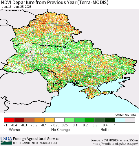 Ukraine, Moldova and Belarus NDVI Departure from Previous Year (Terra-MODIS) Thematic Map For 6/21/2023 - 6/30/2023