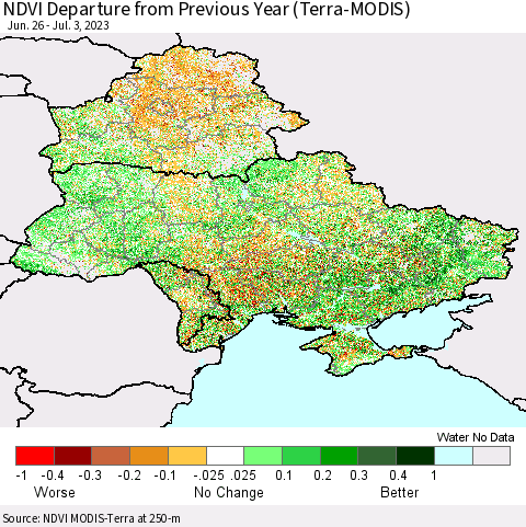 Ukraine, Moldova and Belarus NDVI Departure from Previous Year (Terra-MODIS) Thematic Map For 6/26/2023 - 7/3/2023