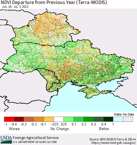 Ukraine, Moldova and Belarus NDVI Departure from Previous Year (Terra-MODIS) Thematic Map For 7/1/2023 - 7/10/2023