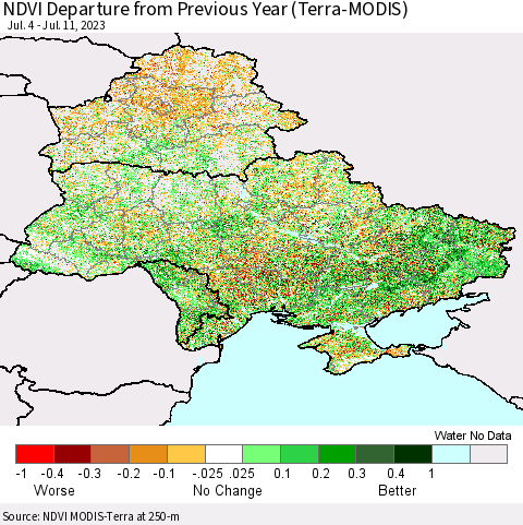 Ukraine, Moldova and Belarus NDVI Departure from Previous Year (Terra-MODIS) Thematic Map For 7/4/2023 - 7/11/2023