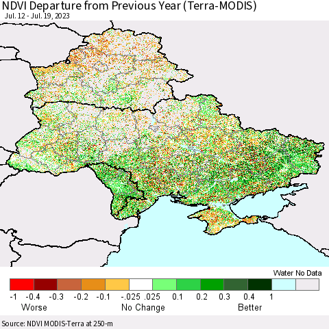 Ukraine, Moldova and Belarus NDVI Departure from Previous Year (Terra-MODIS) Thematic Map For 7/12/2023 - 7/19/2023