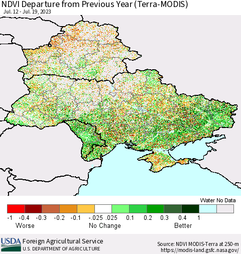 Ukraine, Moldova and Belarus NDVI Departure from Previous Year (Terra-MODIS) Thematic Map For 7/11/2023 - 7/20/2023