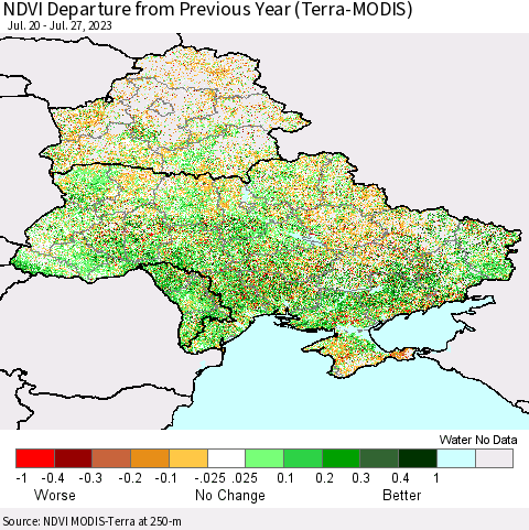 Ukraine, Moldova and Belarus NDVI Departure from Previous Year (Terra-MODIS) Thematic Map For 7/20/2023 - 7/27/2023