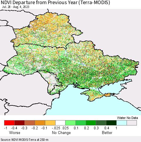 Ukraine, Moldova and Belarus NDVI Departure from Previous Year (Terra-MODIS) Thematic Map For 7/28/2023 - 8/4/2023
