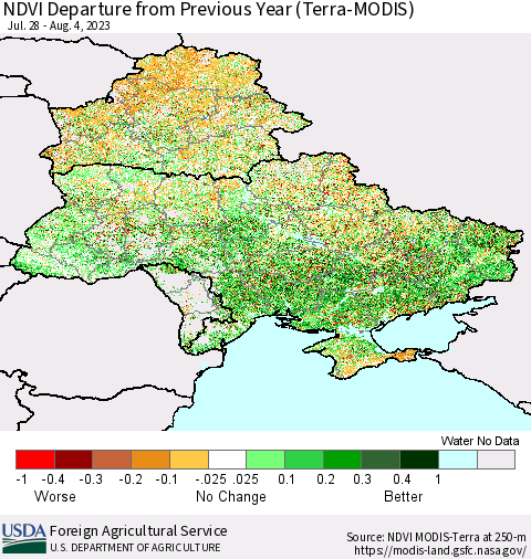 Ukraine, Moldova and Belarus NDVI Departure from Previous Year (Terra-MODIS) Thematic Map For 8/1/2023 - 8/10/2023
