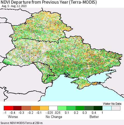 Ukraine, Moldova and Belarus NDVI Departure from Previous Year (Terra-MODIS) Thematic Map For 8/5/2023 - 8/12/2023