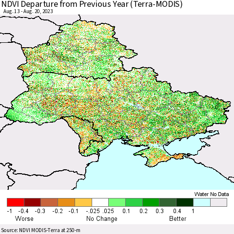 Ukraine, Moldova and Belarus NDVI Departure from Previous Year (Terra-MODIS) Thematic Map For 8/11/2023 - 8/20/2023