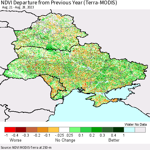 Ukraine, Moldova and Belarus NDVI Departure from Previous Year (Terra-MODIS) Thematic Map For 8/21/2023 - 8/28/2023