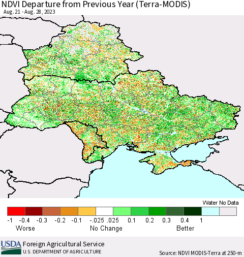 Ukraine, Moldova and Belarus NDVI Departure from Previous Year (Terra-MODIS) Thematic Map For 8/21/2023 - 8/31/2023