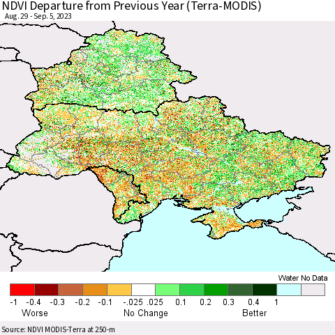 Ukraine, Moldova and Belarus NDVI Departure from Previous Year (Terra-MODIS) Thematic Map For 8/29/2023 - 9/5/2023