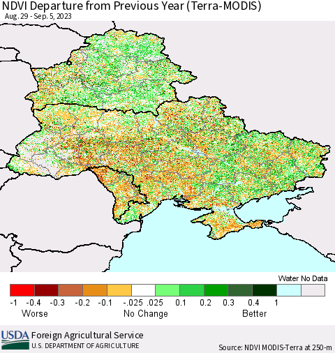 Ukraine, Moldova and Belarus NDVI Departure from Previous Year (Terra-MODIS) Thematic Map For 9/1/2023 - 9/10/2023