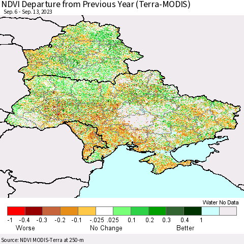 Ukraine, Moldova and Belarus NDVI Departure from Previous Year (Terra-MODIS) Thematic Map For 9/6/2023 - 9/13/2023