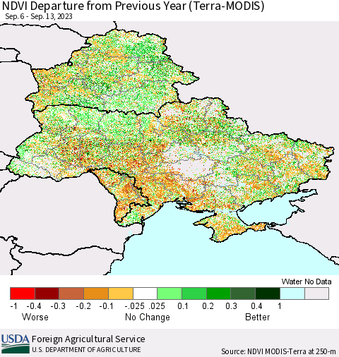 Ukraine, Moldova and Belarus NDVI Departure from Previous Year (Terra-MODIS) Thematic Map For 9/11/2023 - 9/20/2023