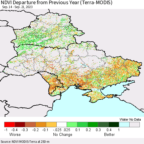Ukraine, Moldova and Belarus NDVI Departure from Previous Year (Terra-MODIS) Thematic Map For 9/14/2023 - 9/21/2023