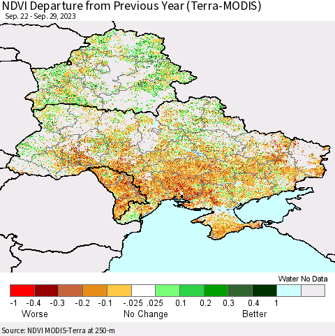 Ukraine, Moldova and Belarus NDVI Departure from Previous Year (Terra-MODIS) Thematic Map For 9/22/2023 - 9/29/2023
