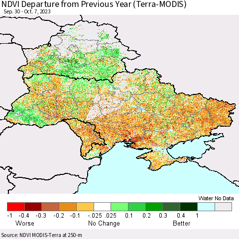 Ukraine, Moldova and Belarus NDVI Departure from Previous Year (Terra-MODIS) Thematic Map For 9/30/2023 - 10/7/2023