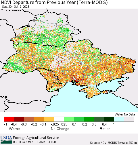 Ukraine, Moldova and Belarus NDVI Departure from Previous Year (Terra-MODIS) Thematic Map For 10/1/2023 - 10/10/2023