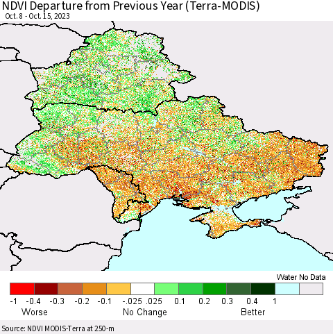 Ukraine, Moldova and Belarus NDVI Departure from Previous Year (Terra-MODIS) Thematic Map For 10/8/2023 - 10/15/2023