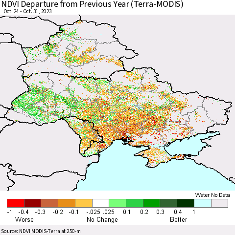 Ukraine, Moldova and Belarus NDVI Departure from Previous Year (Terra-MODIS) Thematic Map For 10/21/2023 - 10/31/2023