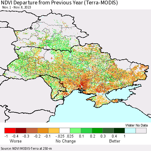 Ukraine, Moldova and Belarus NDVI Departure from Previous Year (Terra-MODIS) Thematic Map For 11/1/2023 - 11/8/2023
