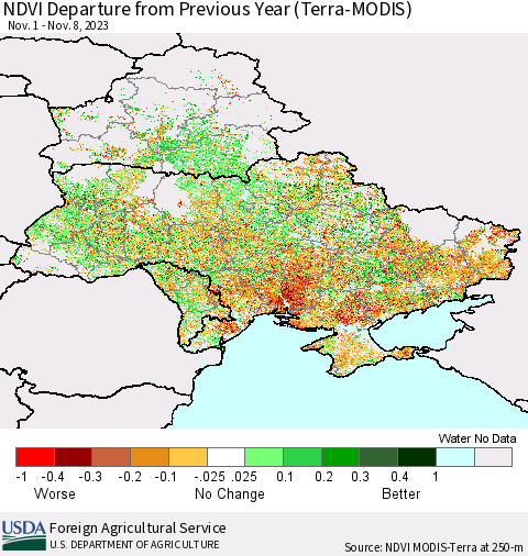 Ukraine, Moldova and Belarus NDVI Departure from Previous Year (Terra-MODIS) Thematic Map For 11/1/2023 - 11/10/2023
