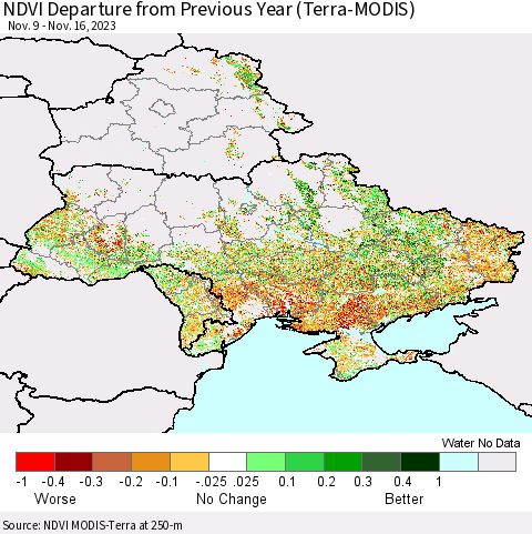 Ukraine, Moldova and Belarus NDVI Departure from Previous Year (Terra-MODIS) Thematic Map For 11/9/2023 - 11/16/2023