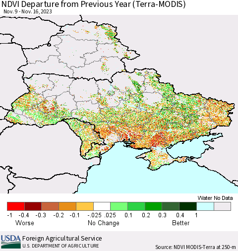 Ukraine, Moldova and Belarus NDVI Departure from Previous Year (Terra-MODIS) Thematic Map For 11/11/2023 - 11/20/2023