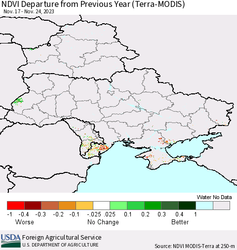 Ukraine, Moldova and Belarus NDVI Departure from Previous Year (Terra-MODIS) Thematic Map For 11/21/2023 - 11/30/2023