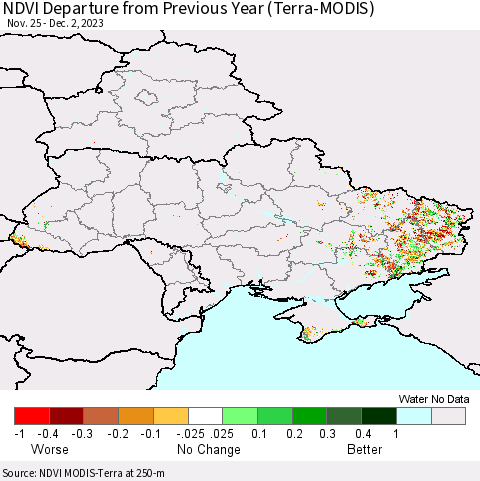 Ukraine, Moldova and Belarus NDVI Departure from Previous Year (Terra-MODIS) Thematic Map For 11/25/2023 - 12/2/2023