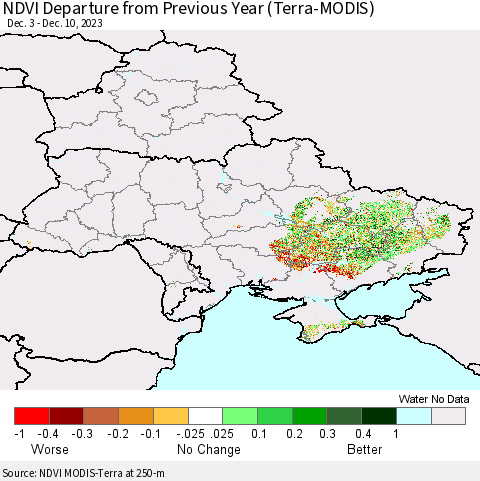 Ukraine, Moldova and Belarus NDVI Departure from Previous Year (Terra-MODIS) Thematic Map For 12/1/2023 - 12/10/2023