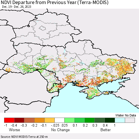 Ukraine, Moldova and Belarus NDVI Departure from Previous Year (Terra-MODIS) Thematic Map For 12/19/2023 - 12/26/2023