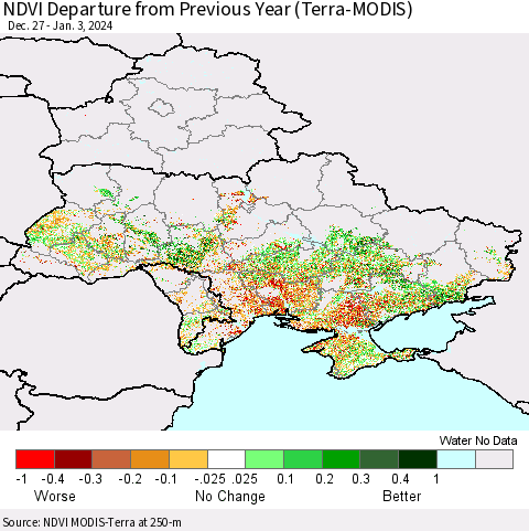 Ukraine, Moldova and Belarus NDVI Departure from Previous Year (Terra-MODIS) Thematic Map For 12/27/2023 - 1/3/2024